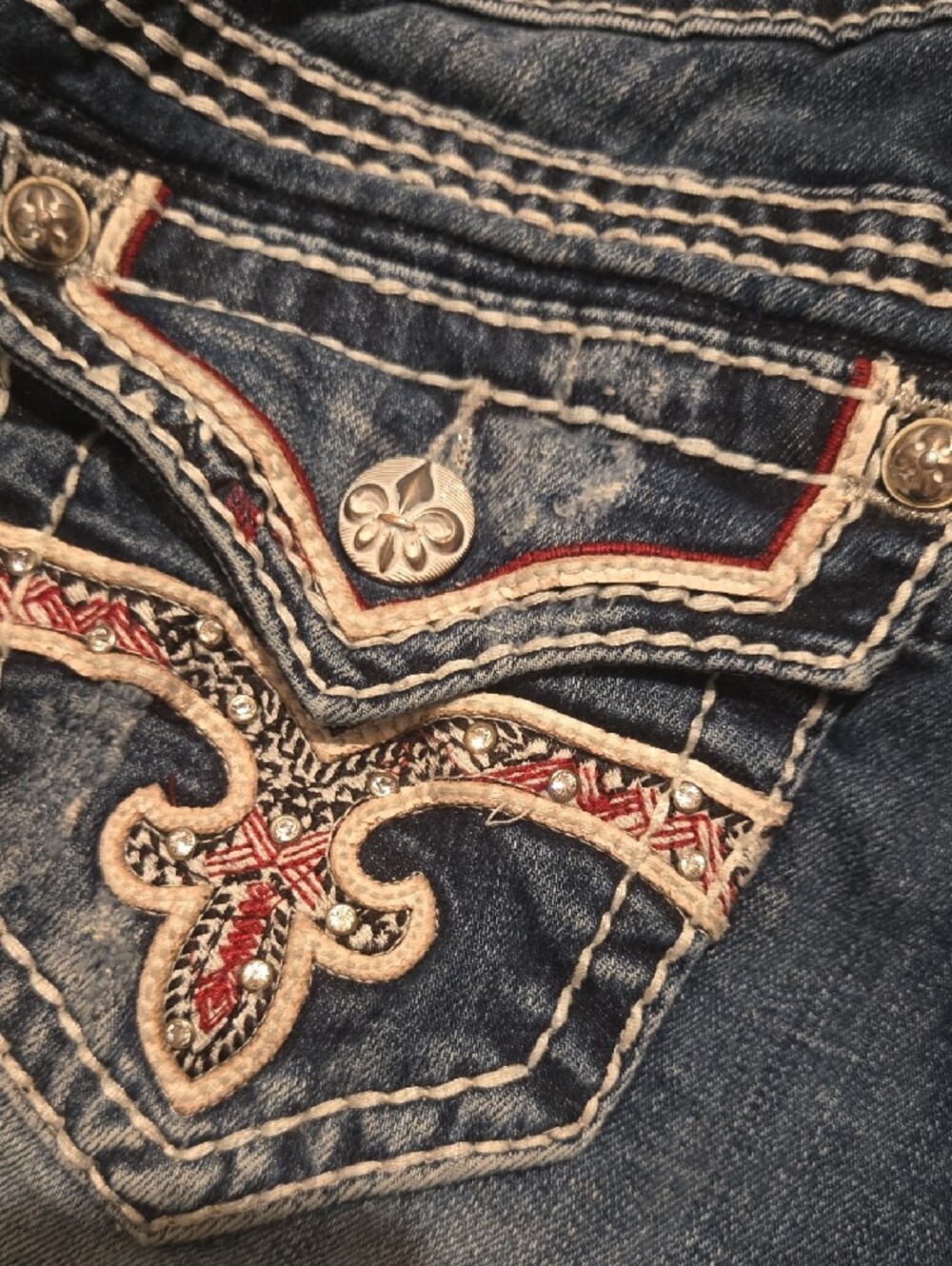 Rock Revival Women's Blue Skinny Jeans with Cream & Red Embroidery - Picture 3 of 9
